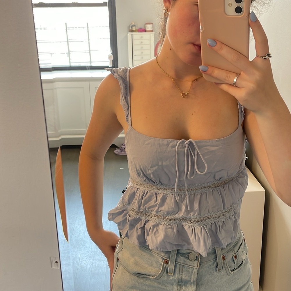 La Hearts Blue Ruffled Tie Front Camisole